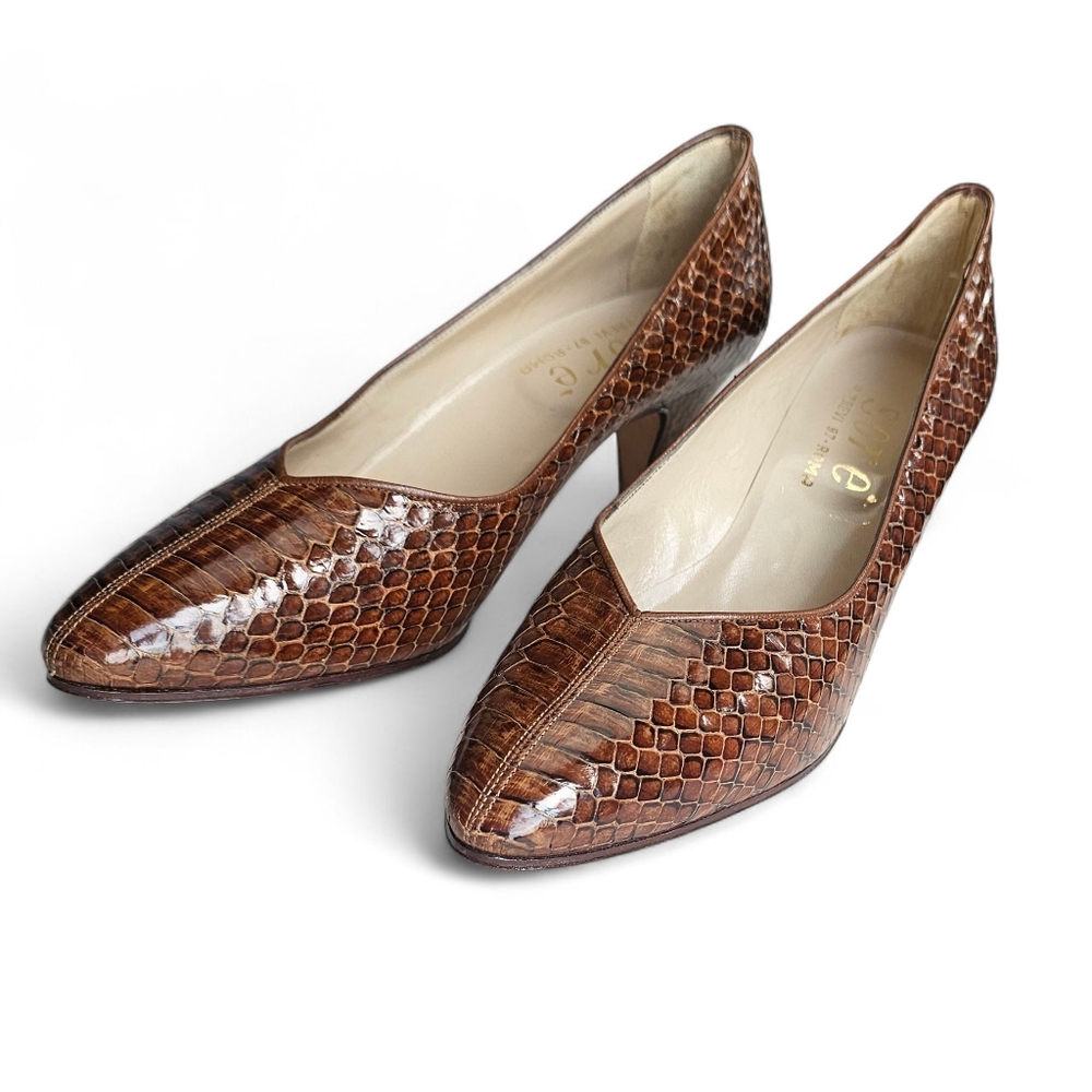 SORE' Elegant Italian Brown Leather Women's Snake Embossed Mid Heel Shoes
